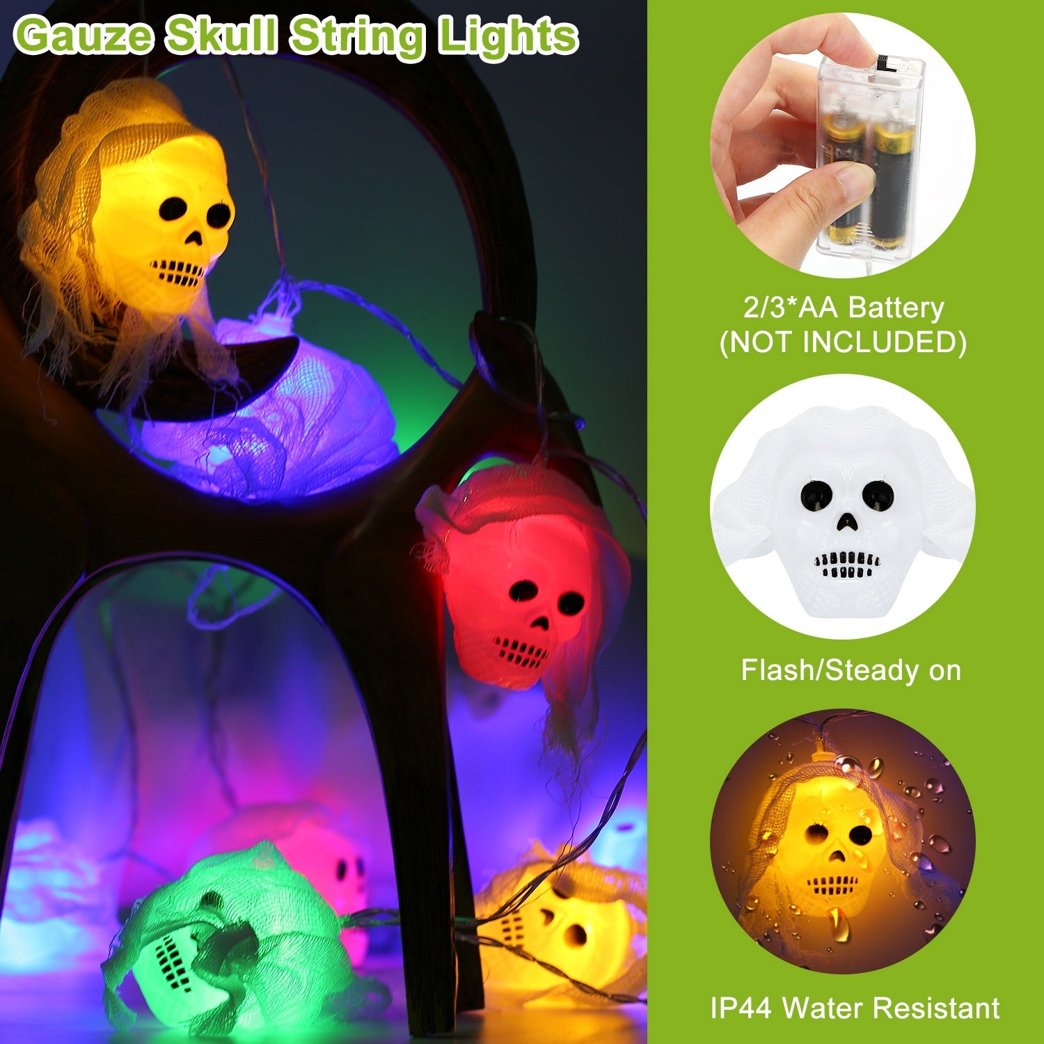 Set Of 3Pcs Halloween Light Decorations Total 50 LEDs 24ft Halloween String Lights Colorful 3D Skeleton Ghost String Lights Gauze Skull String Lights Spooky Hands String Lights For Indoor Outdoor Part