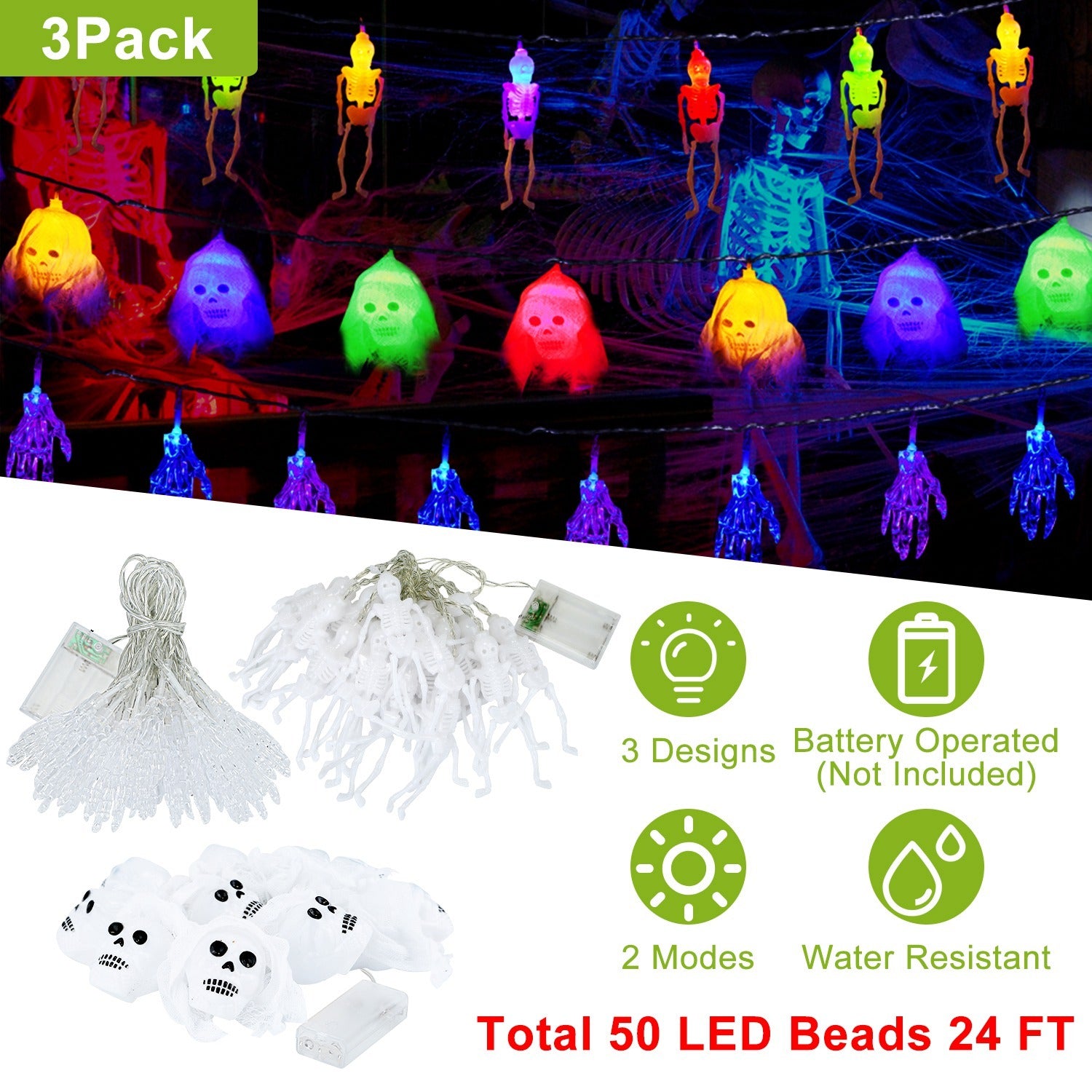 Set Of 3Pcs Halloween Light Decorations Total 50 LEDs 24ft Halloween String Lights Colorful 3D Skeleton Ghost String Lights Gauze Skull String Lights Spooky Hands String Lights For Indoor Outdoor Part